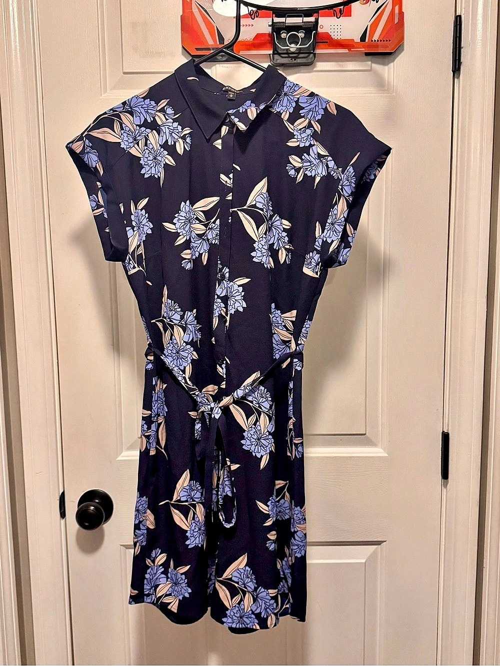 Express Floral Tie-Waist Dress in Blue & White